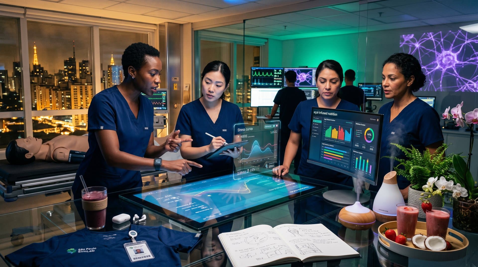 Laboratório simulação enfermagem com IA holográfica, wearables e wellness tech em ambiente moderno