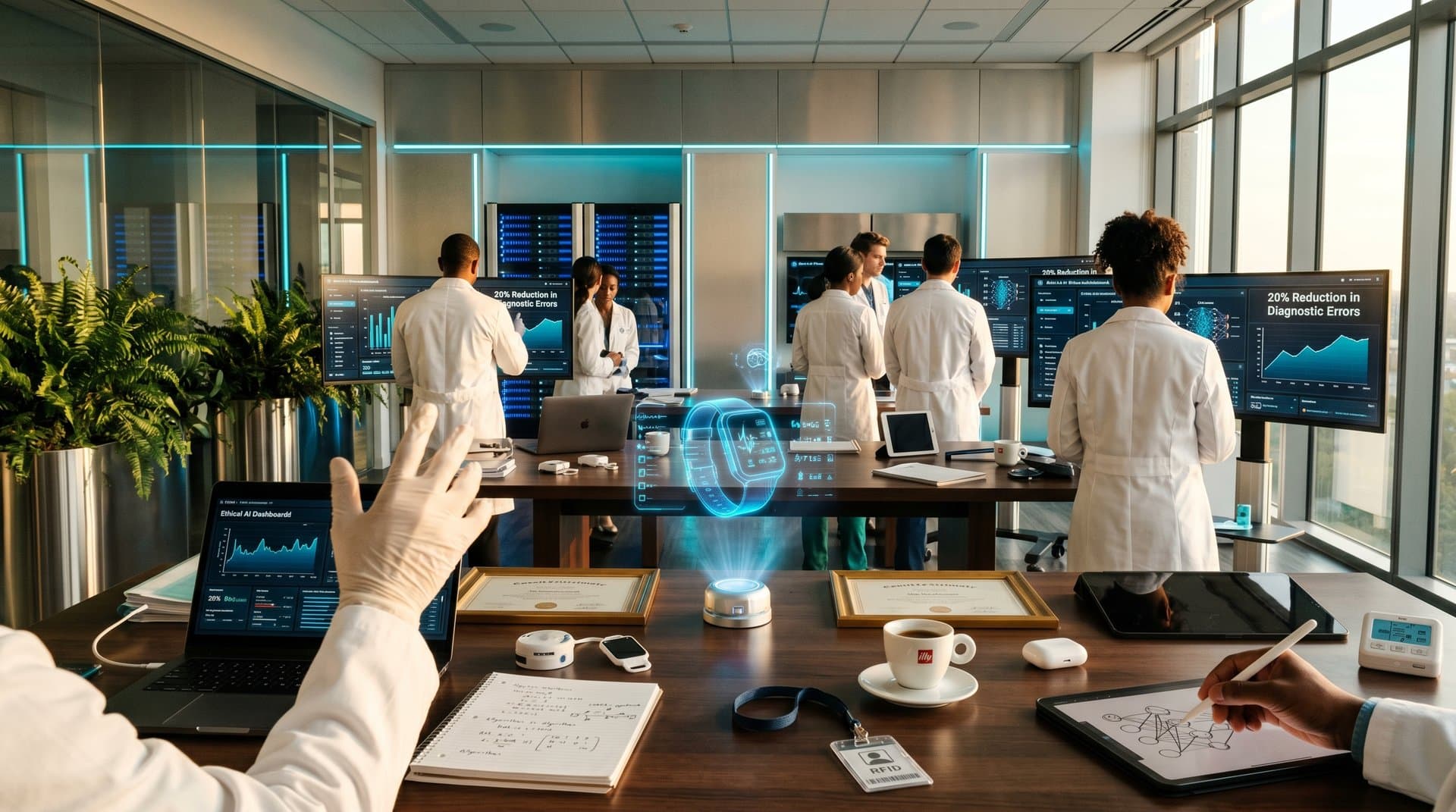 Laboratório high-tech de IA para saúde com monitores, hologramas e equipamentos inovadores para enfermagem