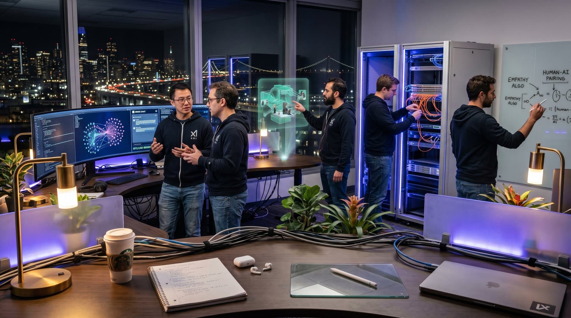 Laboratório xAI high-tech com telas de redes neurais, luzes LED e visualizações holográficas em ambiente inovador
