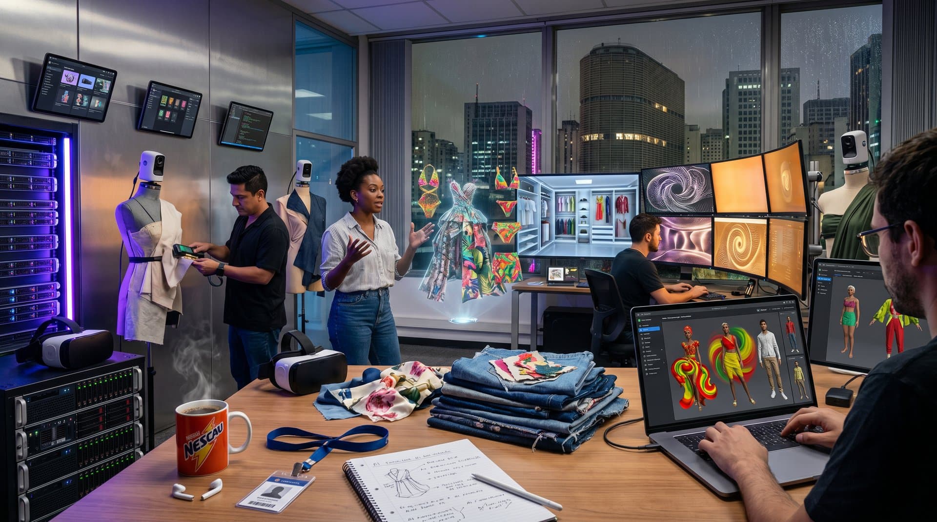Laboratório IA moda com telas de looks Met Gala virtuais, VR e closets digitais em ambiente high-tech