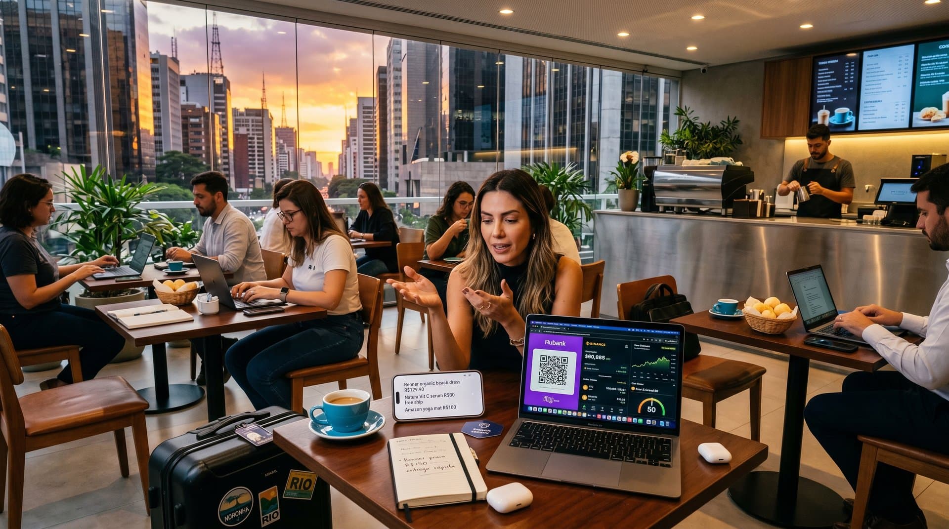 Smartphone com IA para busca de produtos de moda Renner e beleza Natura, elementos fintech Pix e crypto em cafeteria SP para viagens