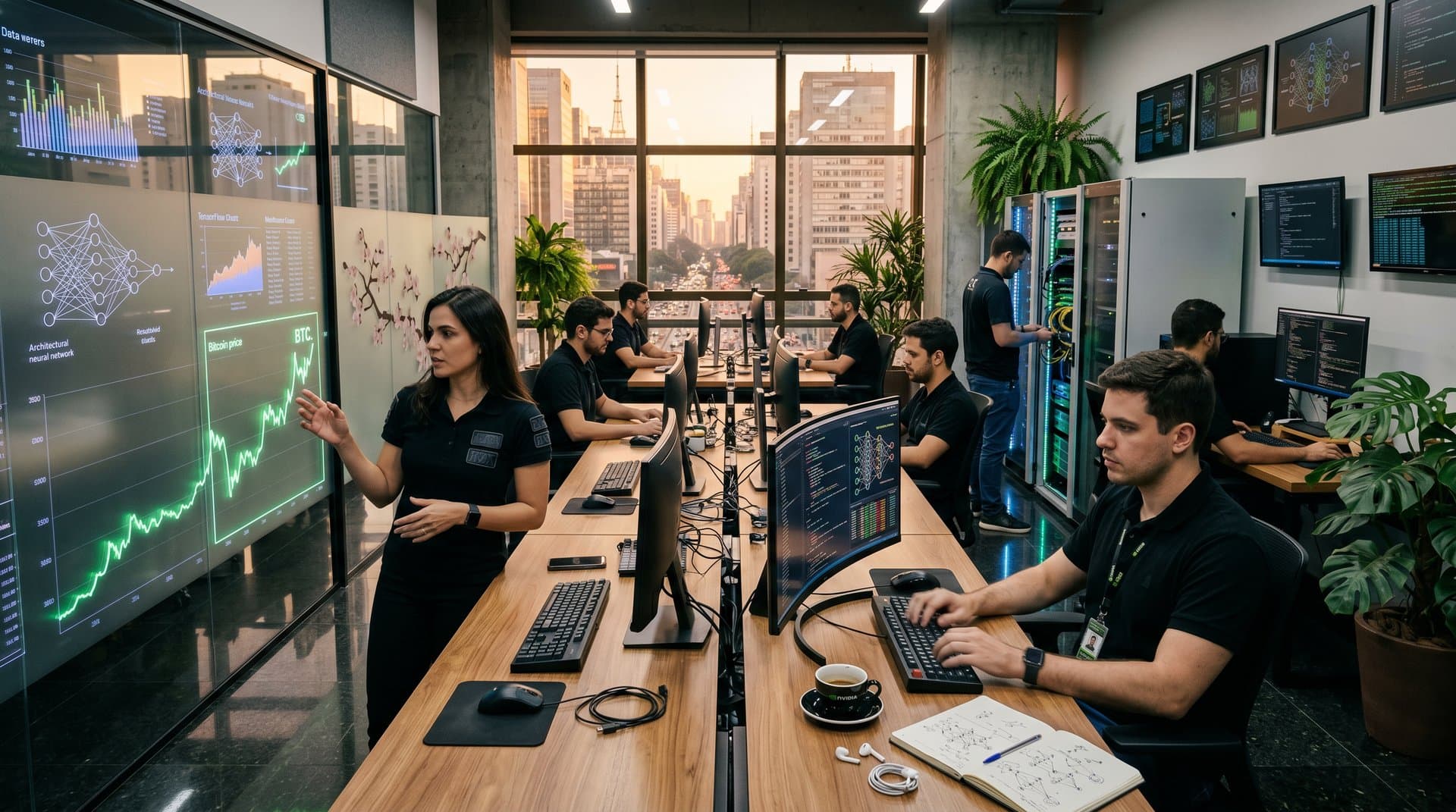 Laboratório de IA high-tech com telas de redes neurais, servidores Nvidia e mesas premium em ambiente inovador brasileiro