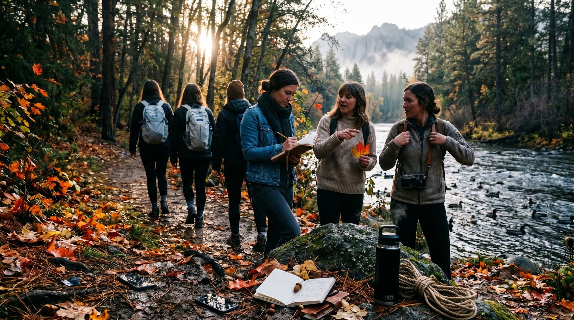 Mulheres em trilha no Boise River Greenbelt praticam detox digital do Pause AI, com natureza e roupas mindful