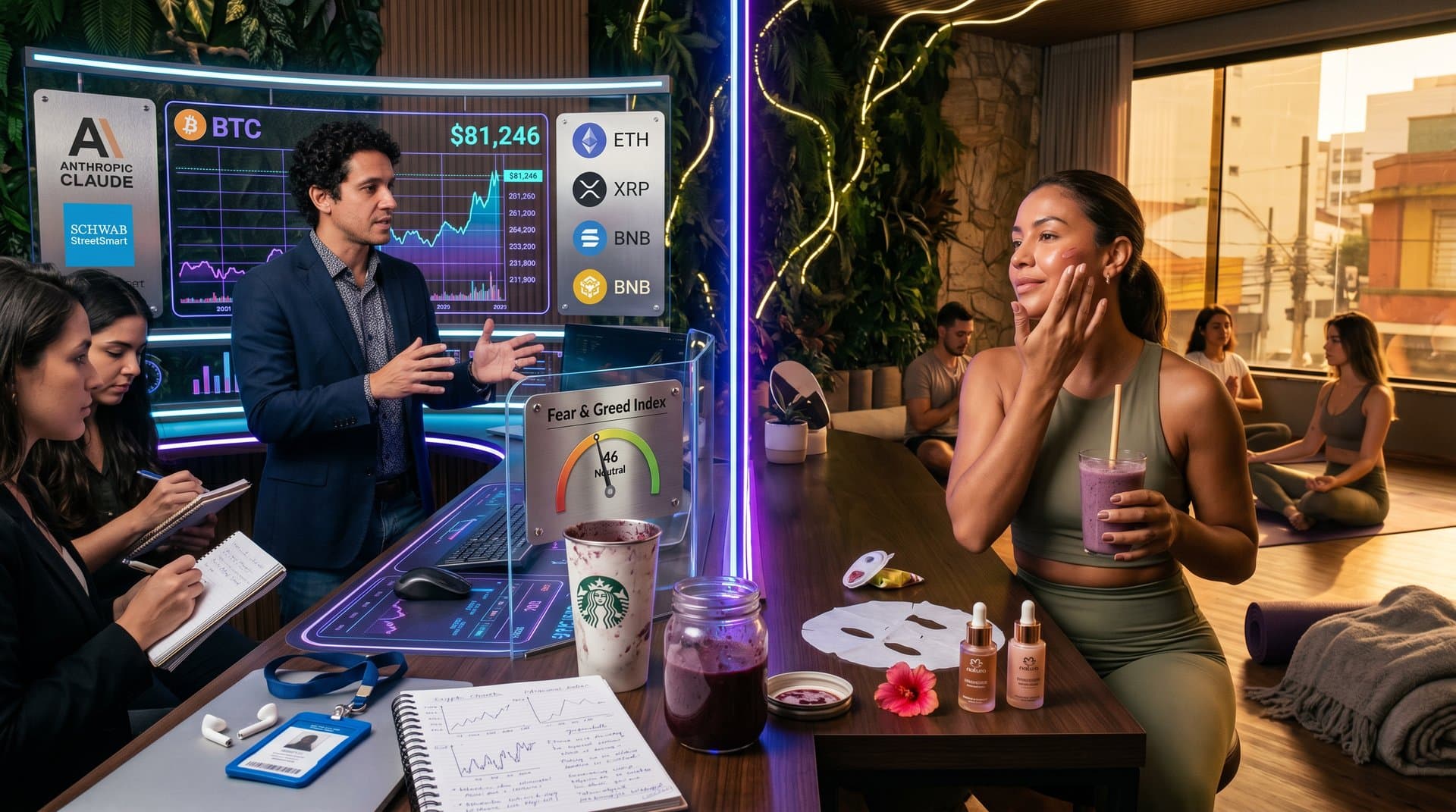 Dashboard IA financeira com gráficos BTC e elementos de beleza como séruns e smoothie
