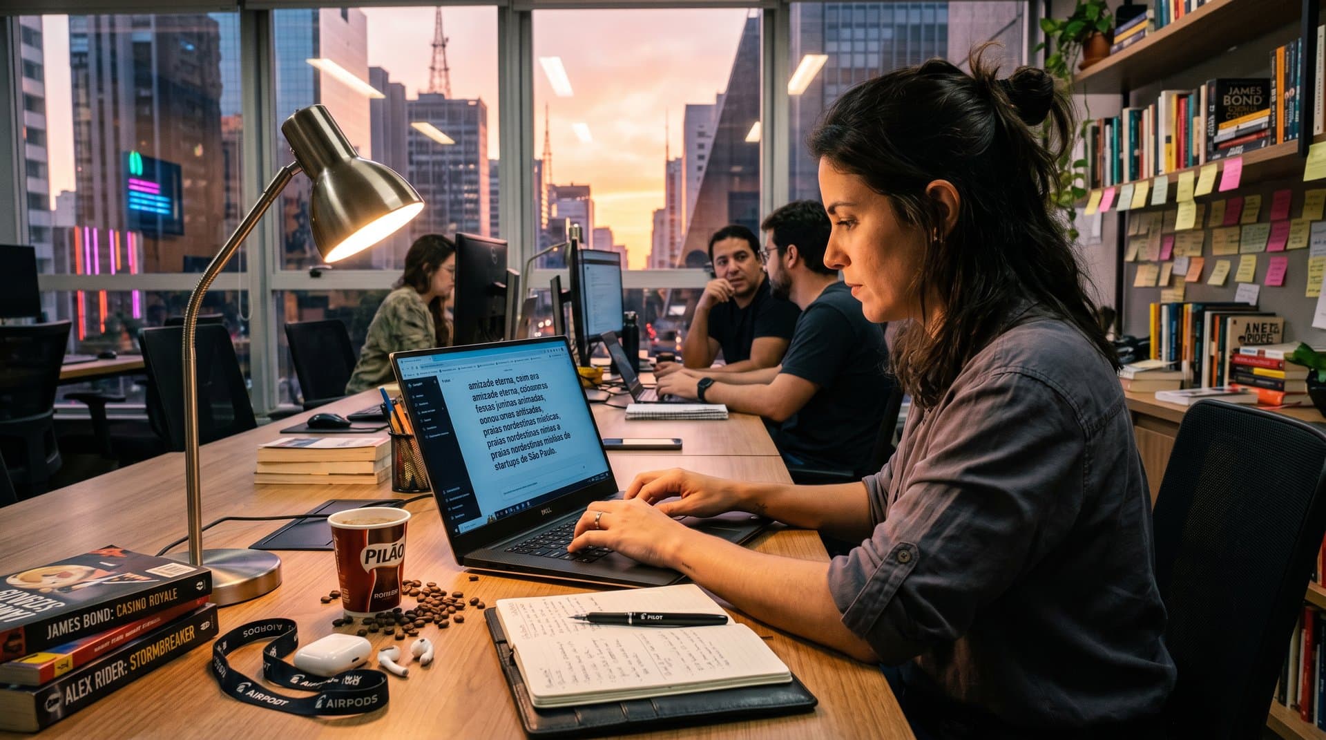 Cena abstrata de laptop com ChatGPT gerando ideias literárias brasileiras, caderno de rabiscos, livros clássicos e elementos high-tech criativos