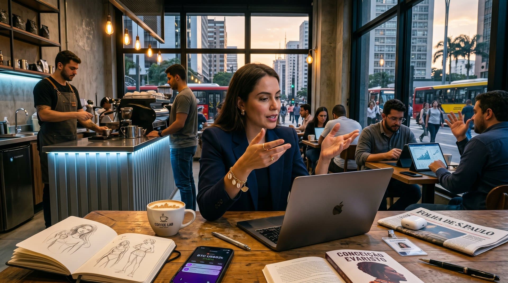 Laptop com ChatGPT gerando texto literário e gráficos de BTC em café paulista