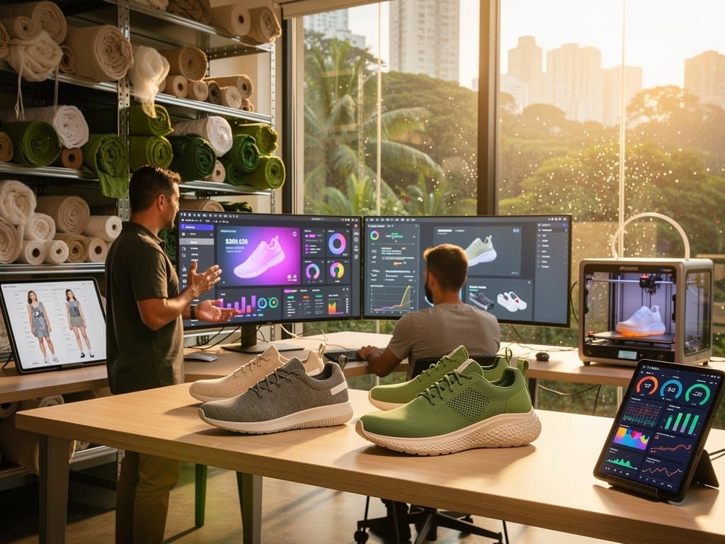 Estúdio com sneakers Allbirds e simulações Allbirds IA de moda sustentável em telas, foco em inovação eco-friendly e redução de desperdícios