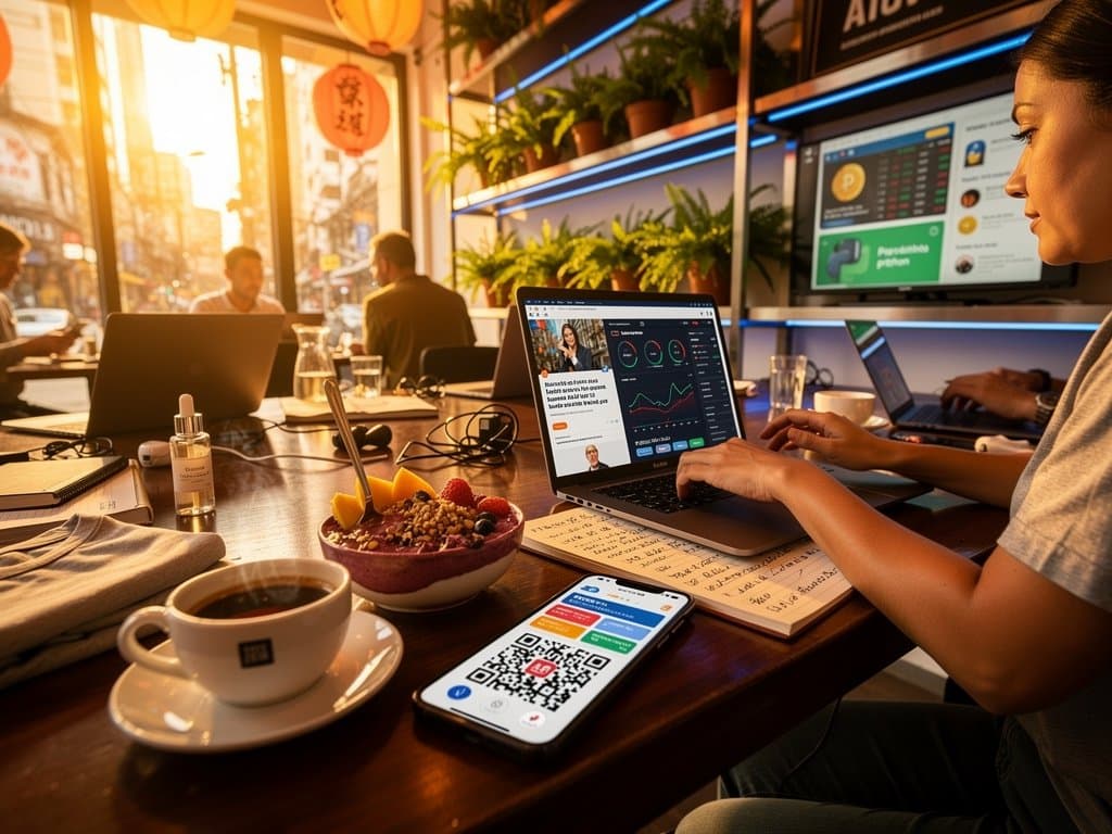 Laptop com IA, Fear & Greed 23, BTC e Python em café Liberdade SP, smoothie açaí e apps crypto