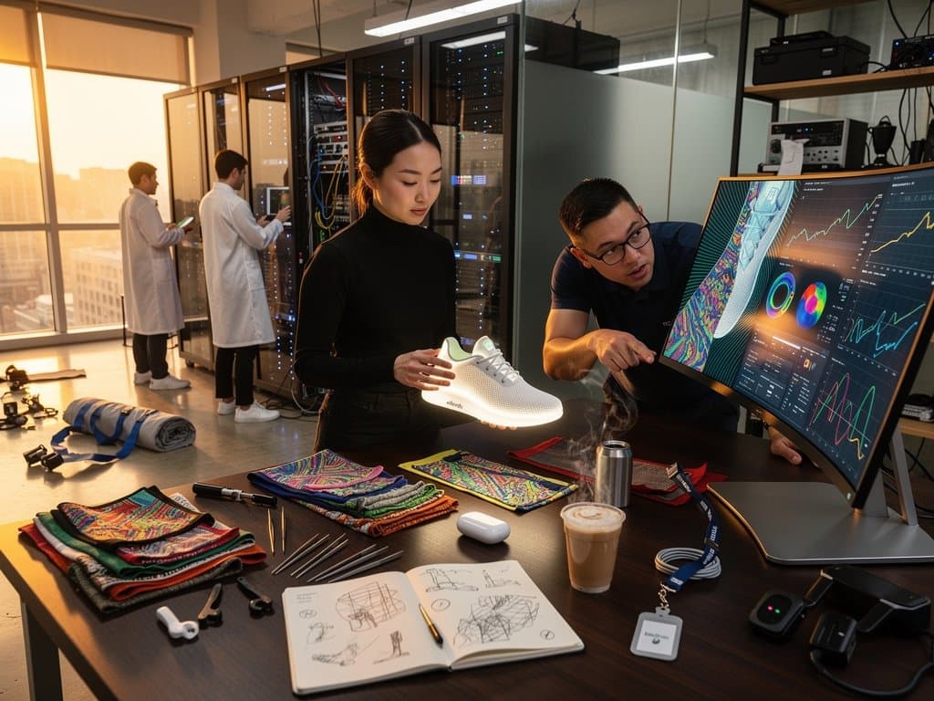 Protótipos de sapatos Allbirds com IA em bancada de laboratório tech, telas com padrões gerados por IA e gráficos de ações