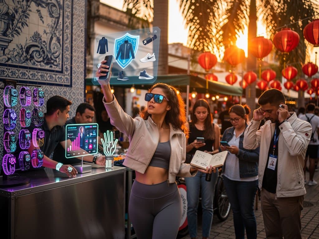 Mulher brasileira protege dados de moda e wellness com escudo cibersegurança IA e gráficos crypto Fear & Greed