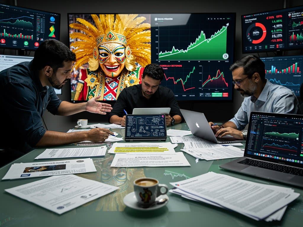 Laboratório high-tech comparando arte original e IA, com gráficos crypto e docs de IP