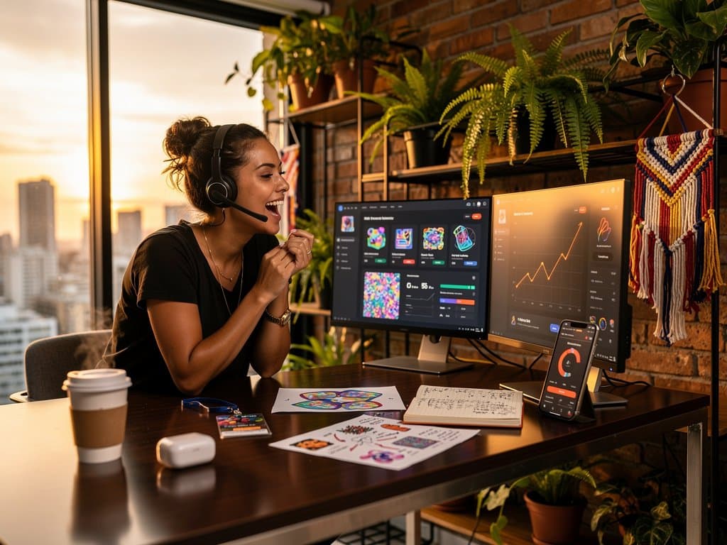 Artista brasileira mintando NFT para proteção contra roubo de IP por IA, com gráficos de BTC e ferramentas blockchain em setup criativo