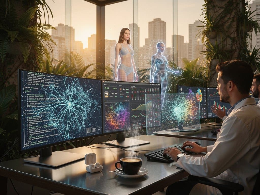 Visualizações de redes neurais em laboratório de IA high-tech com elementos brasileiros como café e gráficos de BTC, ilustrando estereótipos de IA autismo em conselhos sociais