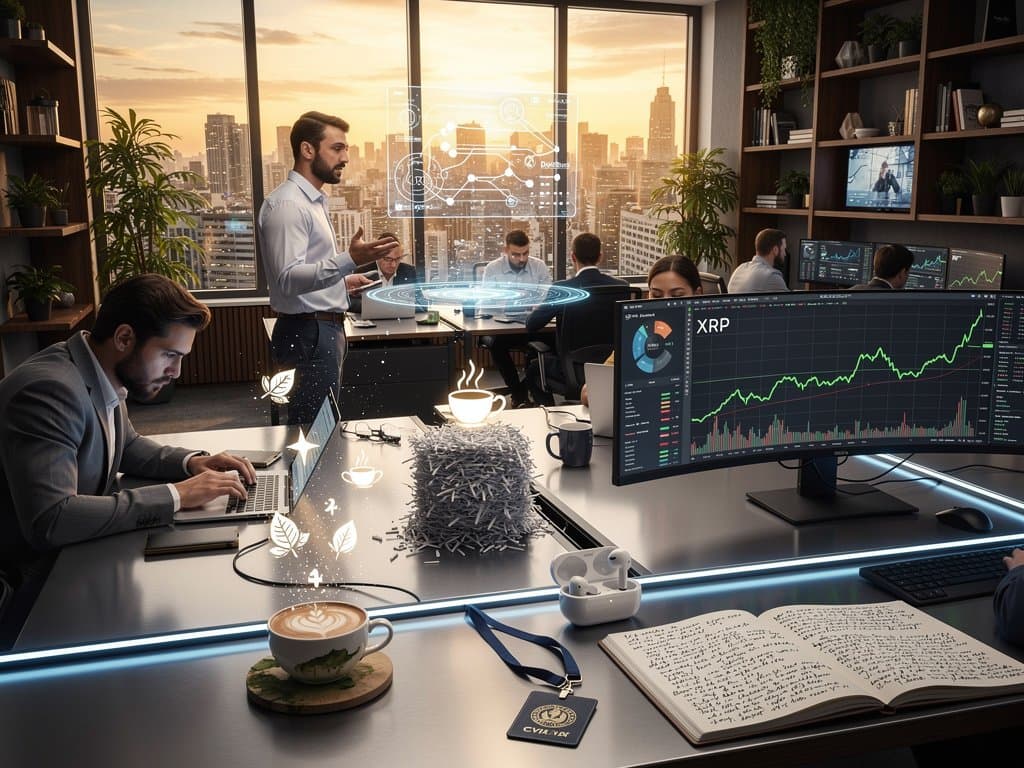 IA analisando contratos fintech e blockchain em escritório brasileiro moderno com gráficos de XRP em alta