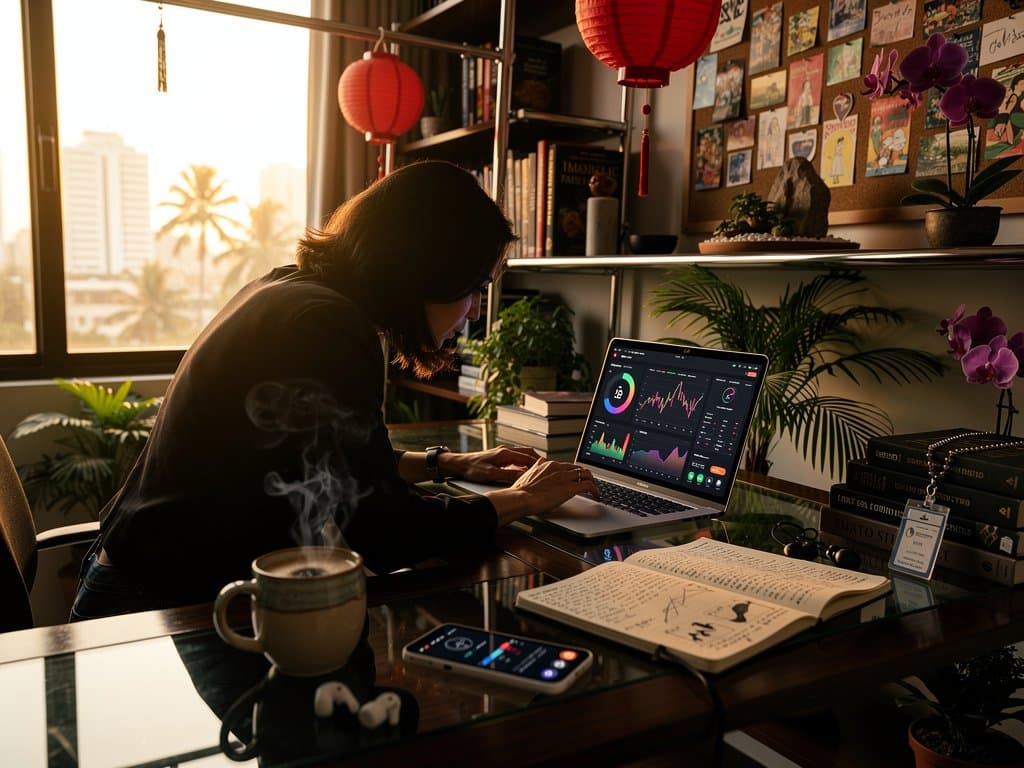 Mulher em home office com app IA educacional, dashboards crypto e elementos de bem-estar em estilo ilustrativo