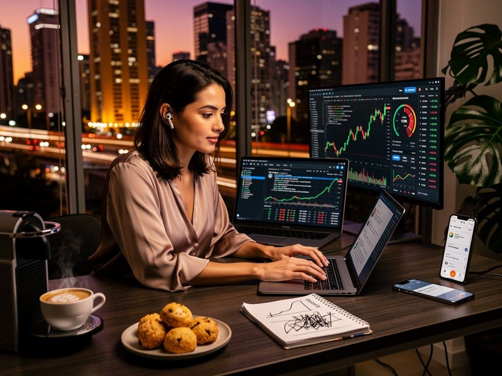 Cena abstrata de home office com interfaces IA, gráficos crypto e Fear & Greed em 23, inspirando transições de carreira em tech