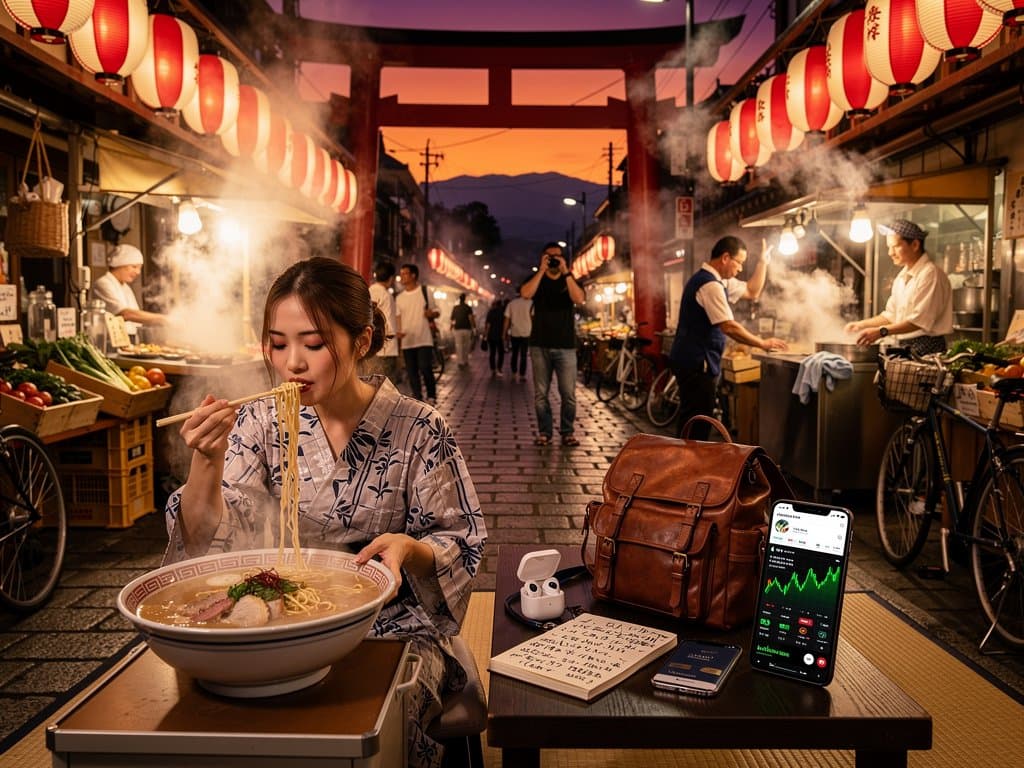 Rua de Kyoto com app IA tradução japonês-português e gráficos crypto Bitcoin para finanças em viagens ao Japão