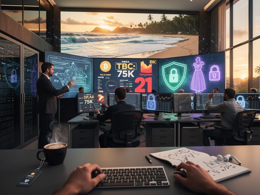 Escudos IA cibernéticos protegendo apps de mulheres em cena de praia brasileira com gráficos cripto