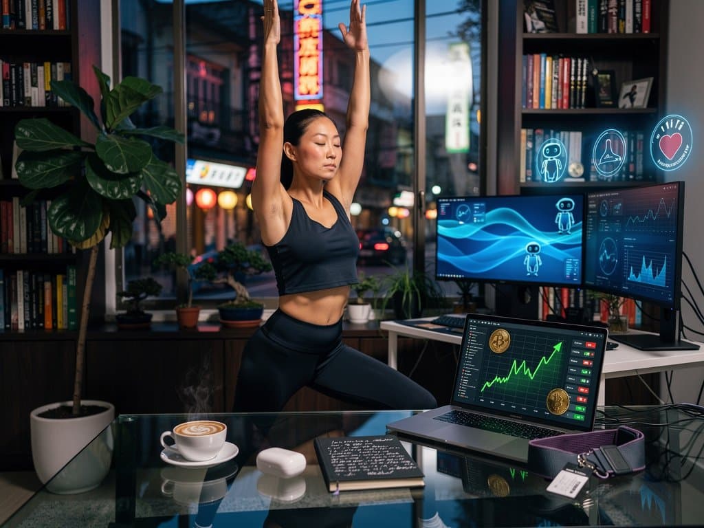 Silhueta mulher yoga home office com gráficos IA, BTC US$ 75.016, Fear & Greed 21, arte digital vibrante