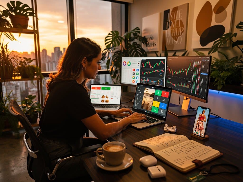 Mulher brasileira usando ferramentas de IA para produtividade em home office, com elementos de crypto Fear & Greed 21 e lifestyle brasileiro