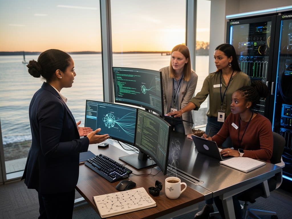 Hub de inovação em Annapolis com profissionais mulheres em IA, dashboards crypto e vistas da baía de Chesapeake