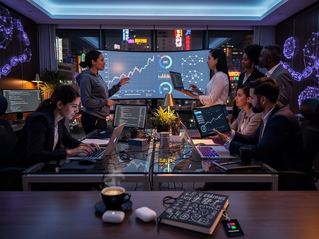 Escritório tech em São Paulo com monitores de IA, gráficos crypto e silhuetas de profissionais em ambiente inspirador
