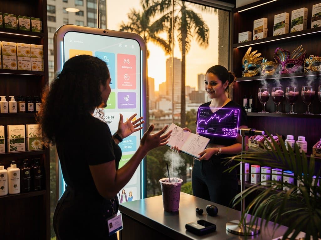 Mulher em ateliê SP testa moda IA agentic com produtos brasileiros e gráficos BTC