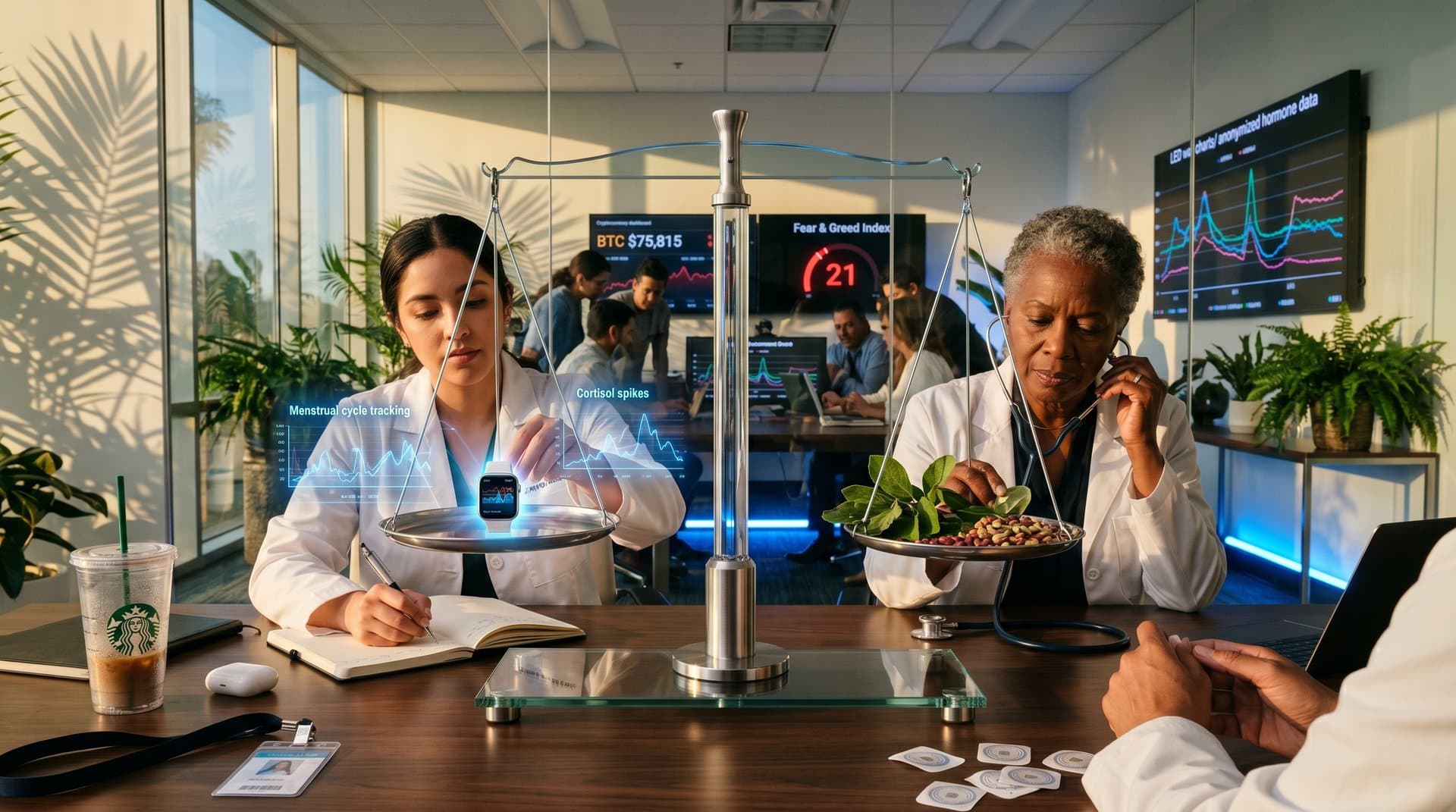 Balança simbólica de IA e humanos em saúde feminina com elementos crypto e wearables