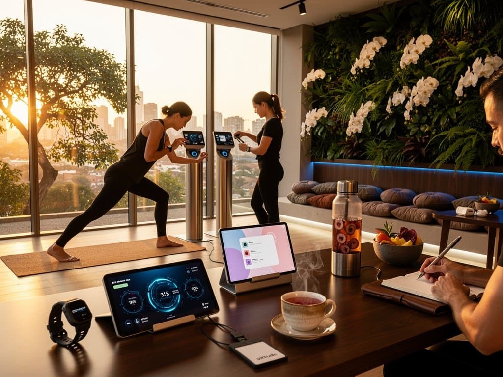 Estúdio wellness high-tech em SP com dashboards IA, wearables e elementos brasileiros como chá hibisco em ambiente sereno