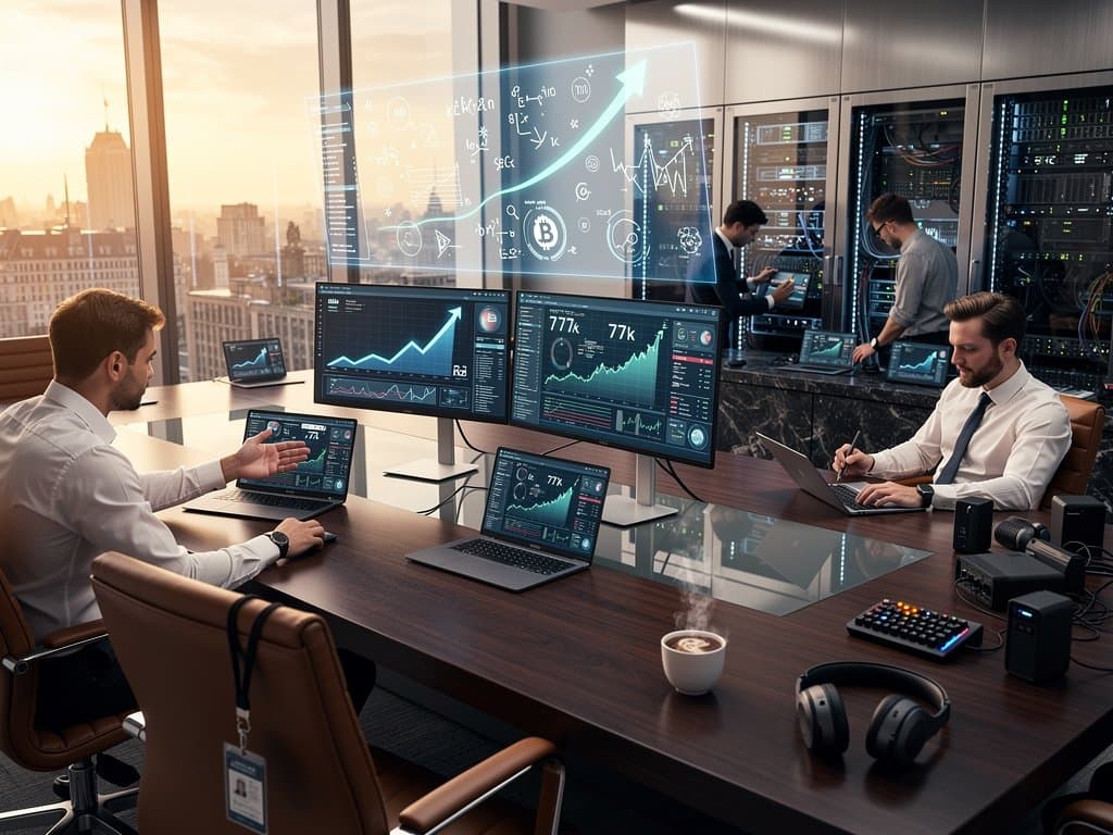 Laboratório high-tech com dashboards AI Anthropic, gráficos crypto e projeções financeiras em ambiente futurista