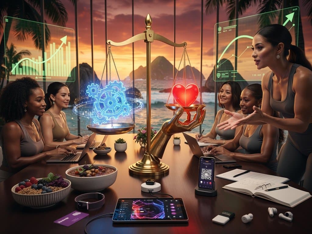 Balança abstrata IA vs intuição humana com elementos crypto e wellness brasileiro em arte digital vibrante