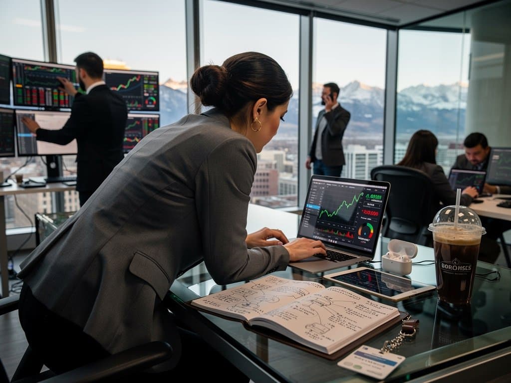 Professora usa IA e apps self-care em sala com gráficos crypto, estilo ilustrativo