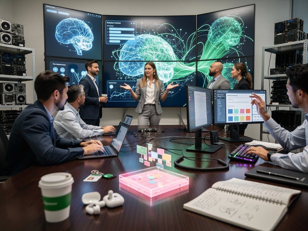 Laboratório de IA educacional high-tech com telas de redes neurais, planos de aula e elementos de equilíbrio trabalho-vida em ambiente inovador