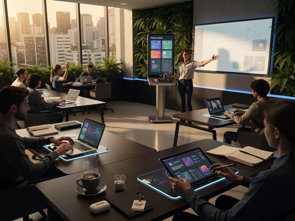 Sala de aula high-tech com IA otimizando planos de aula e dashboards educacionais em ambiente brasileiro moderno