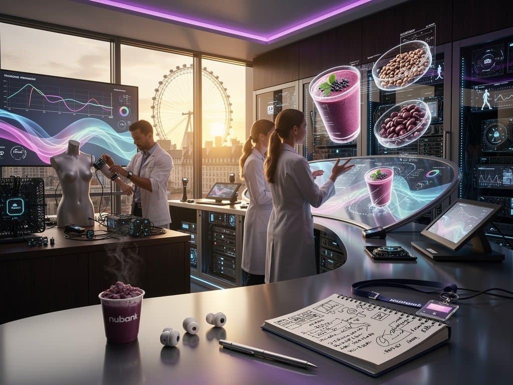 Laboratório high-tech de investimento em IA para saúde feminina com telas de dados, servidores LED e skyline urbano