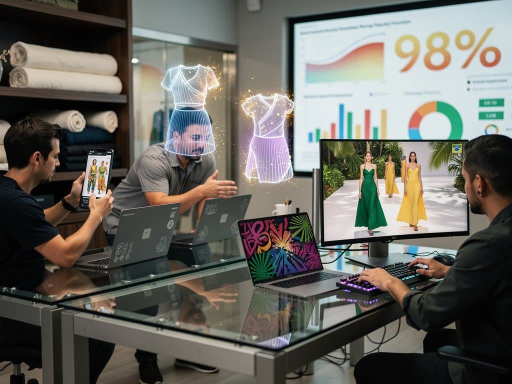 Laboratório high-tech de IA gerando designs de moda em telas e hologramas 3D