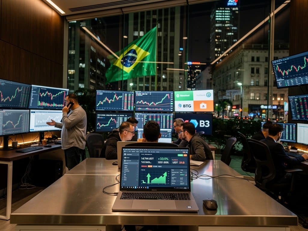 Gráficos crypto com Tether Drift 147 milhões, BTC US$77k e USDT estável em escritório fintech São Paulo, elementos Pix e B3