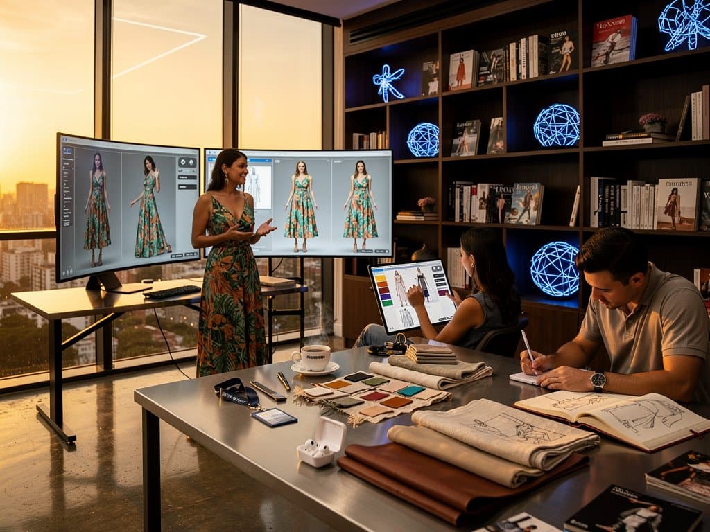 Estúdio moderno em São Paulo com IA gerando designs de moda 3D em telas de alta resolução
