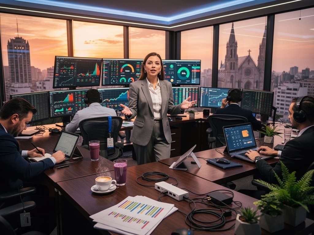 Executiva em power dressing analisa BTC US$ 77k e gráficos crypto em trading floor moderno.