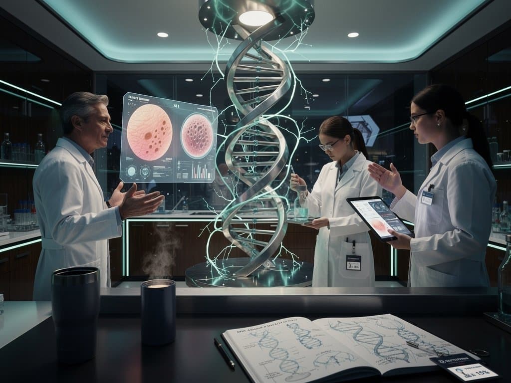 DNA e redes neurais em tela de lab biotech com análises de pele e gráficos crypto