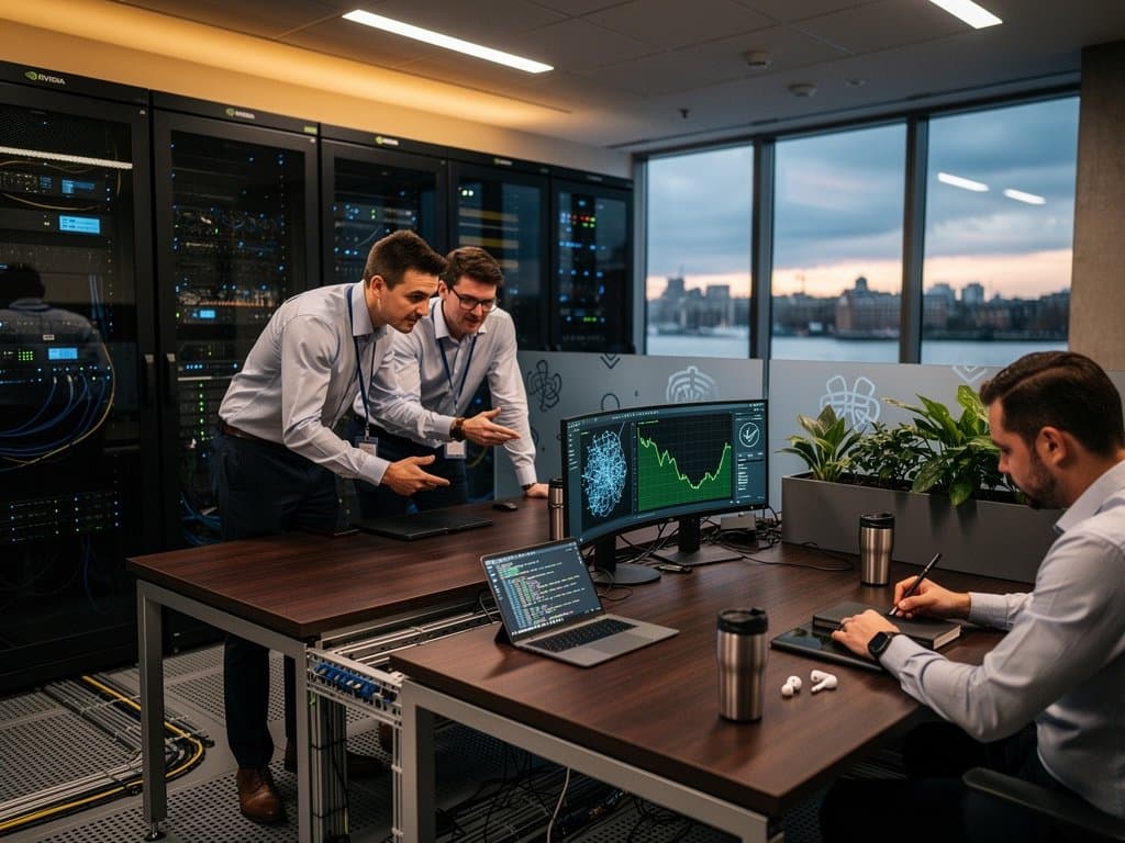 Hub de IA em Londres com monitores de redes neurais, servidores e vista do Tâmisa