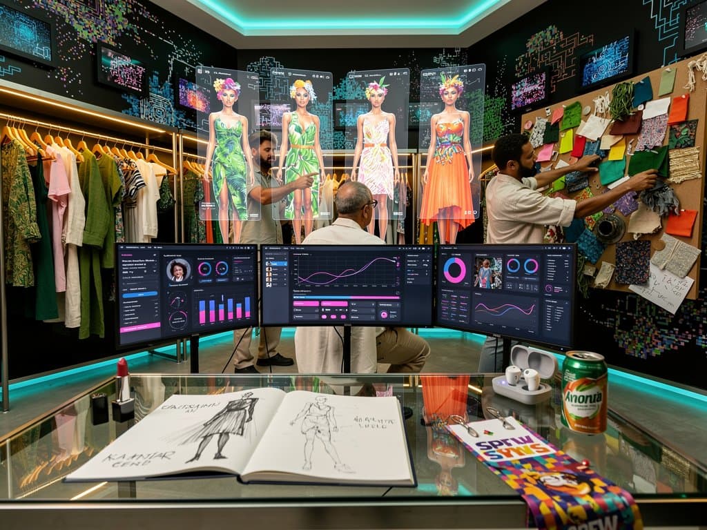Estúdio de moda high-tech com hologramas IA de vestidos e maquiagens em tendências brasileiras vibrantes