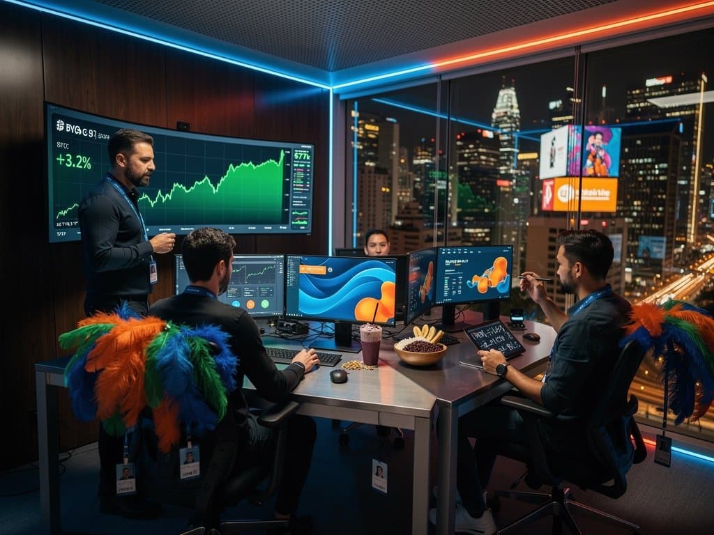 Dashboards high-tech de IA mostrando equilíbrio entre decisões humanas e algoritmos em crypto e bem-estar brasileiro