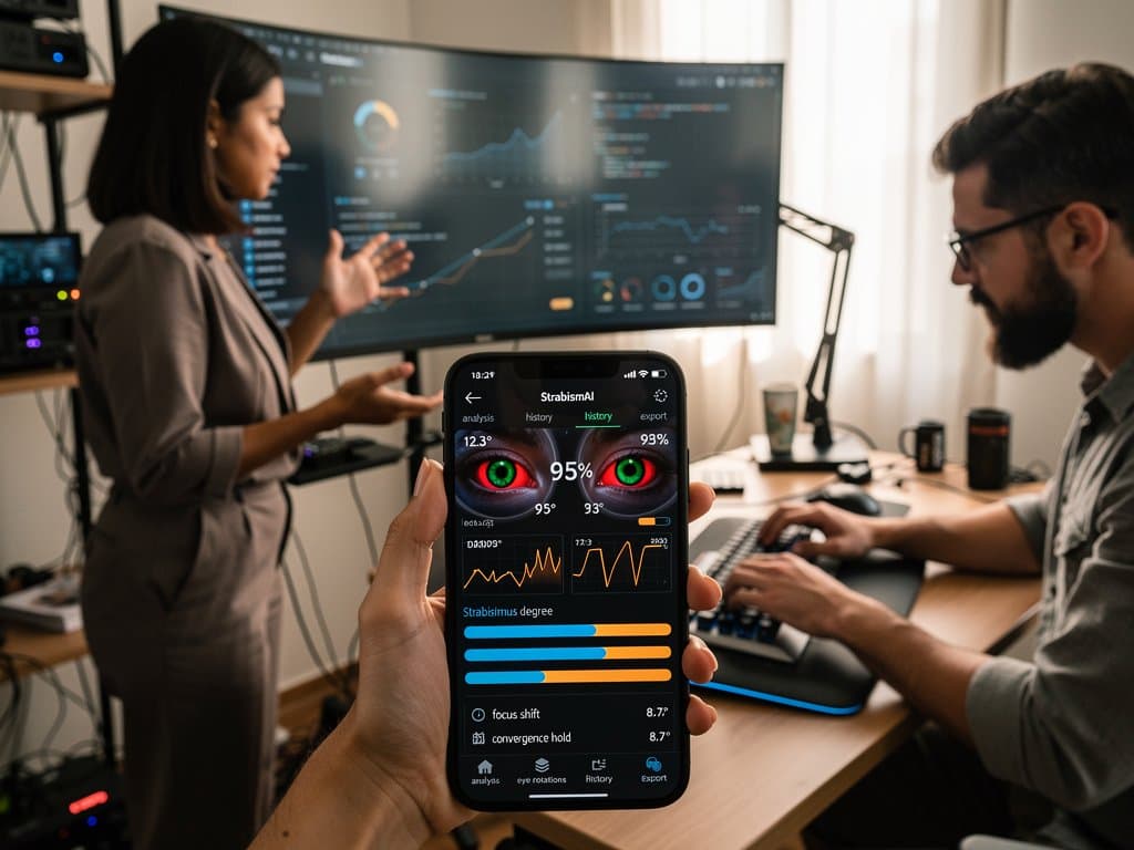 Smartphone com app StrabismAI analisando olhos para detecção de estrabismo em setup tech brasileiro