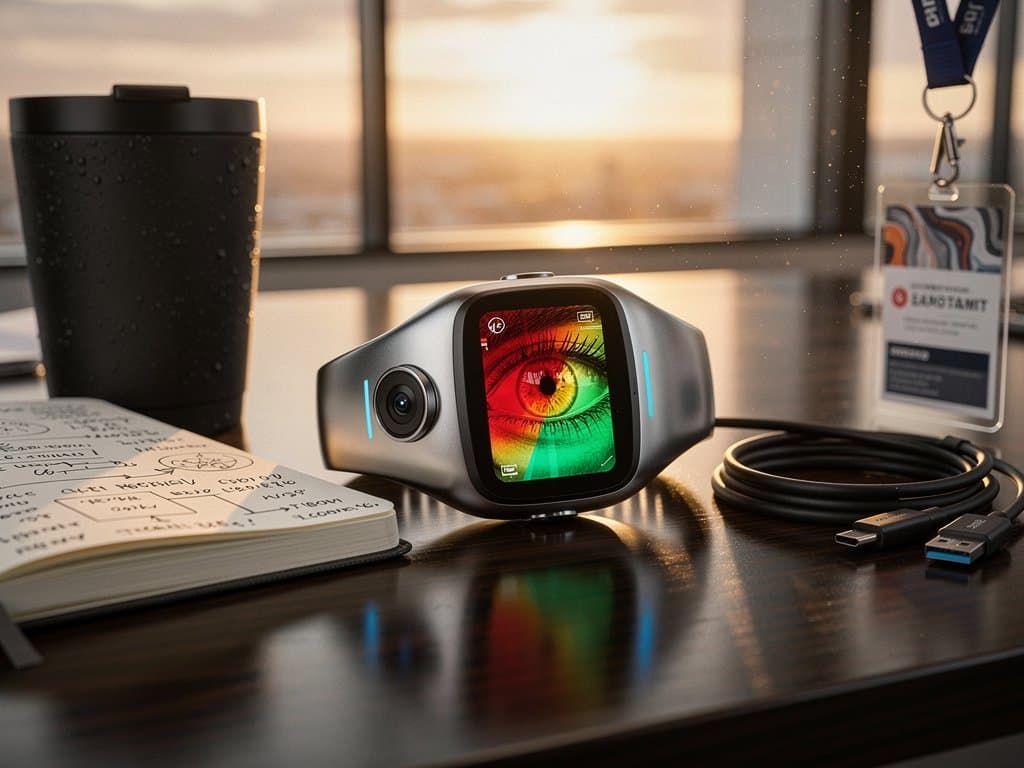 Dispositivo AI analisando olhos com heatmap de desalinhamento em fundo californiano tech