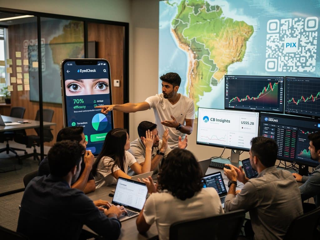 Smartphone com app EyedCheck analisando olhos, elementos brasileiros healthtech e praias