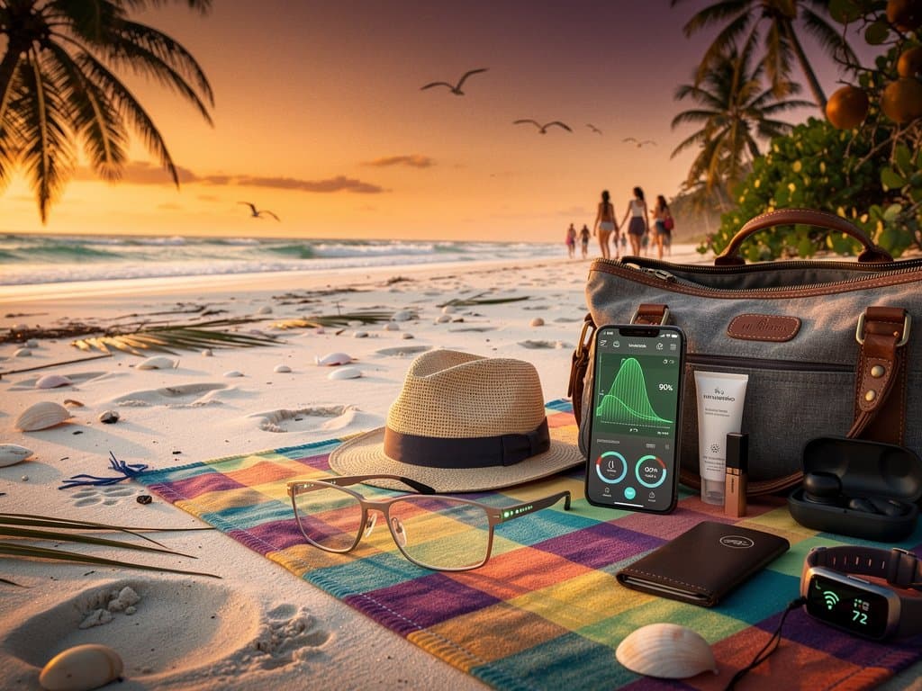 Óculos AI para estrabismo em praia brasileira, app mostra dados oculares, vibe viagem empoderamento feminino e tech