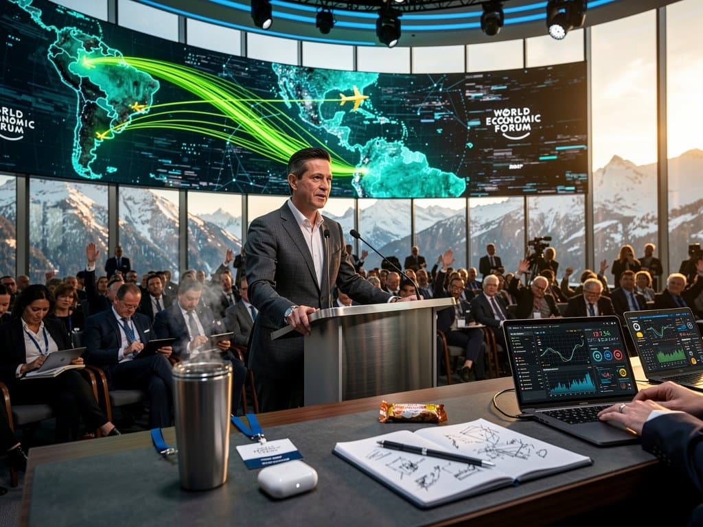 Yoshua Bengio no palco do World Economic Forum com telas de IA, público executivo atento e detalhes high-tech no pódio
