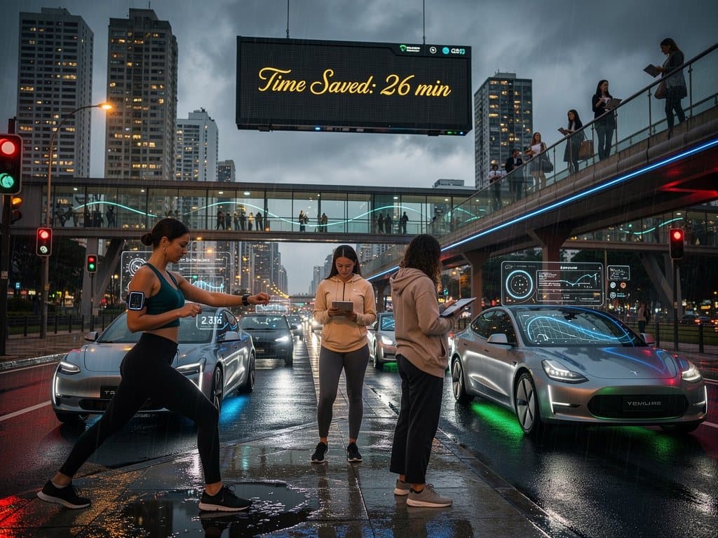 Visual de estradas inteligentes com inteligência artificial DOTs otimizando tráfego, liberando 26 minutos para mulheres em self-care e moda