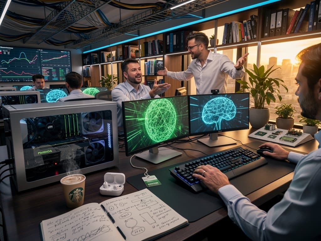 Laboratório de IA high-tech com telas exibindo algoritmos, estações modernas e painéis de vidro em ambiente inovador